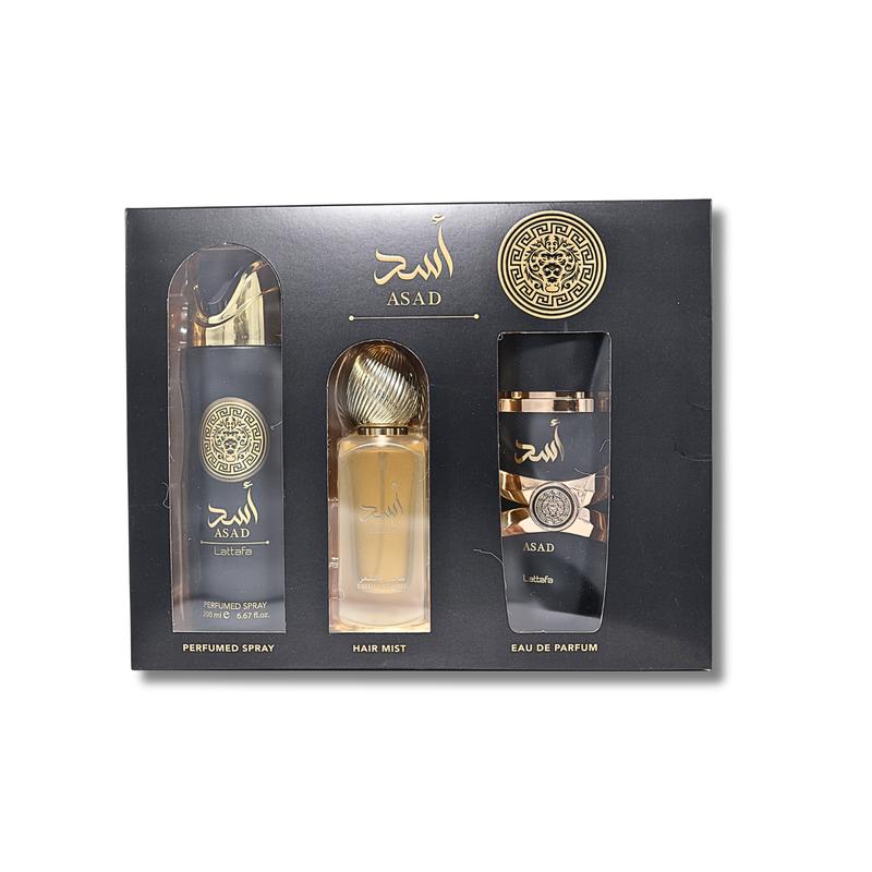 Lattafa Asad 3 Piece Gift Set - Eau de Parfum 3.4FL.OZ, Perfumed Spray 6.67FL.OZ & Hair Mist For Men