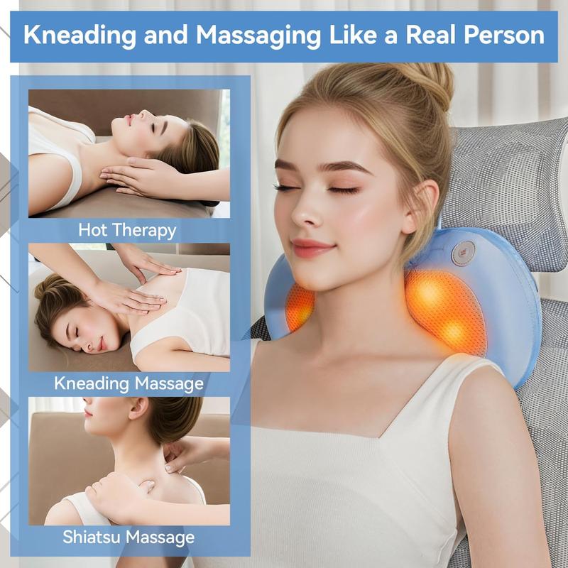 Cordless Neck and Back Massager with Heat for Pain Relief Deep Tissue, 4D Kneading Massage Pillow Gifts (Blue) - Comfort Relaxing