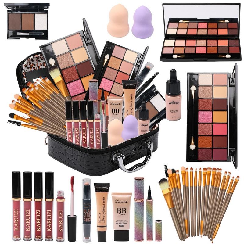 All in One Makeup Kit for Makeup storage bag 2X14 Colors Eyeshadow Palette Liquid Foundation Eyeliner Pencils Contouring Stick Lip Gloss Eyebrow Pencils 20Pcs Makeup Brushes etc For Women Girls Teens (Black) Cosmetic Matte