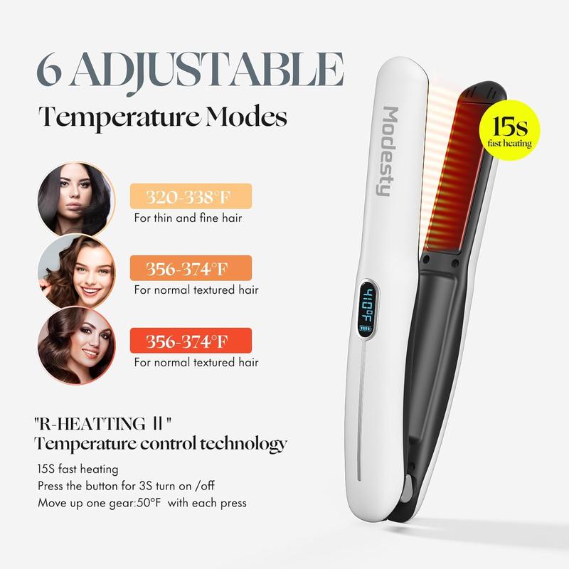 2-in-1 Mini Portable Flat Iron, Rechargeable Battery, Cordless Hair Straightener and Curler, 6-Level Heating, Travel Size, White