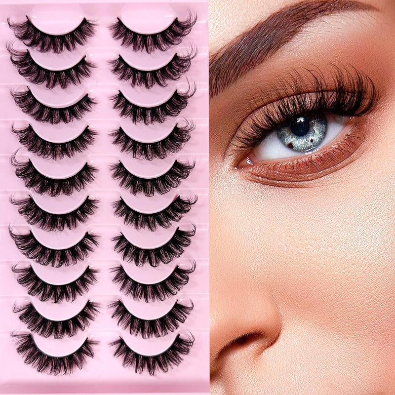 Fluffy False Eyelashes, 10 Pairs Natural Looking D Curl Faux Cluster Lashes, Volumized False Eyelashes for Women and Girls Eye Makeup Enhancement