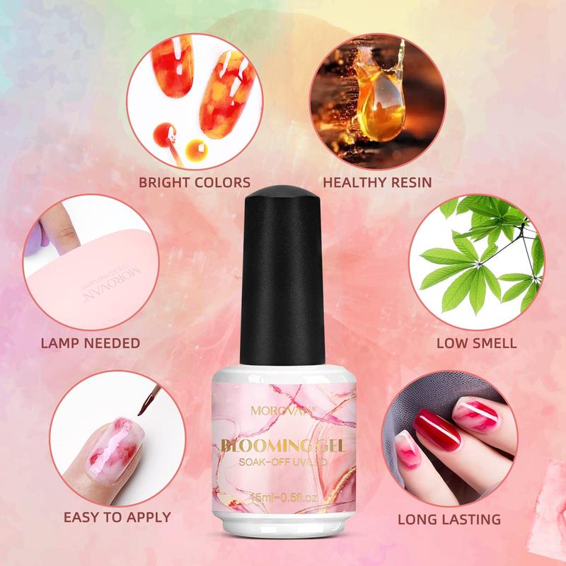 Morovan Nail Blooming Gel Kit - Soak off UV LED Clear Blooming Gel Nail Polish for Spreading Effect Marble Watercolor Gel Polish 15ml 0.5floz with Nail Brush