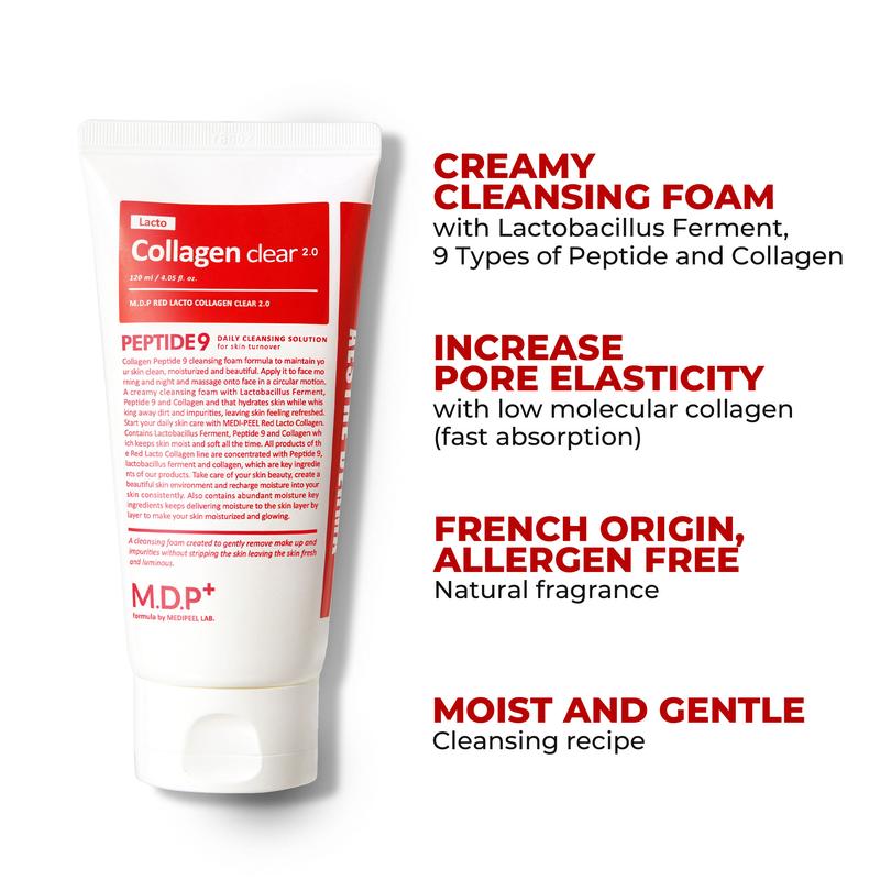 [MDP+ Official Shop] MEDI-PEEL RED LACTO COLLAGEN CLEAR 2.0, Peptide, Pore Tightening, Daily Moisturizing Cleanser, Deep Pore Cleansing, Foaming Facial Wash, Facial Cleansing | 4.05 fl.oz, 120ml