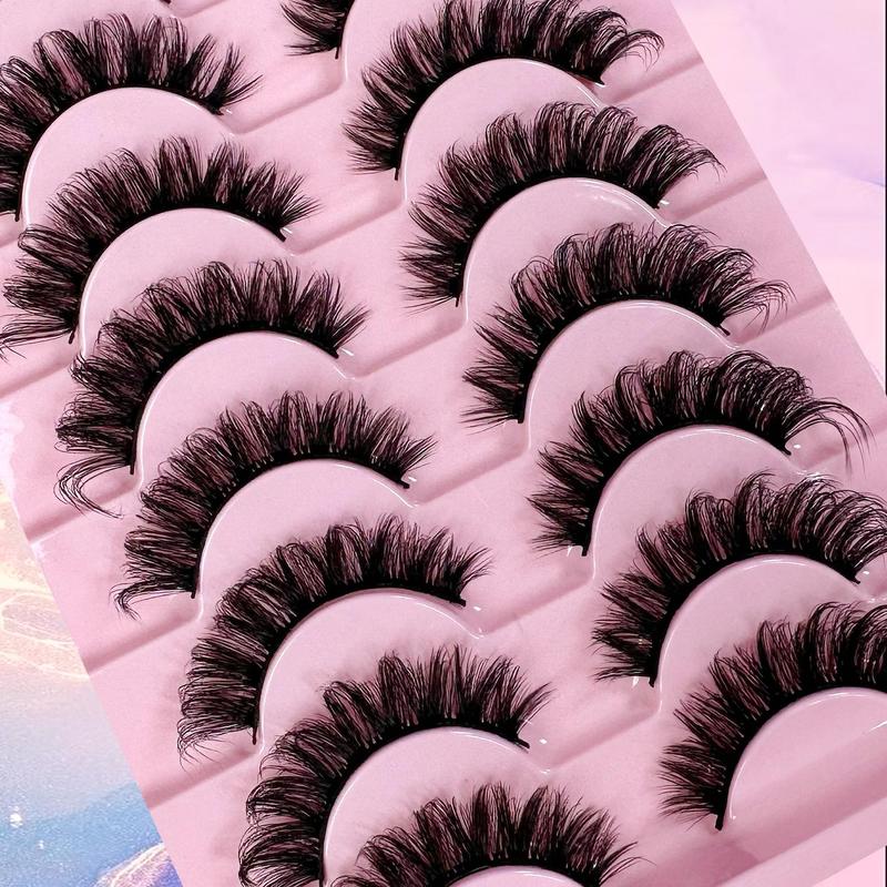 Fluffy False Eyelashes, 10 Pairs Natural Looking D Curl Faux Cluster Lashes, Volumized False Eyelashes for Women and Girls Eye Makeup Enhancement