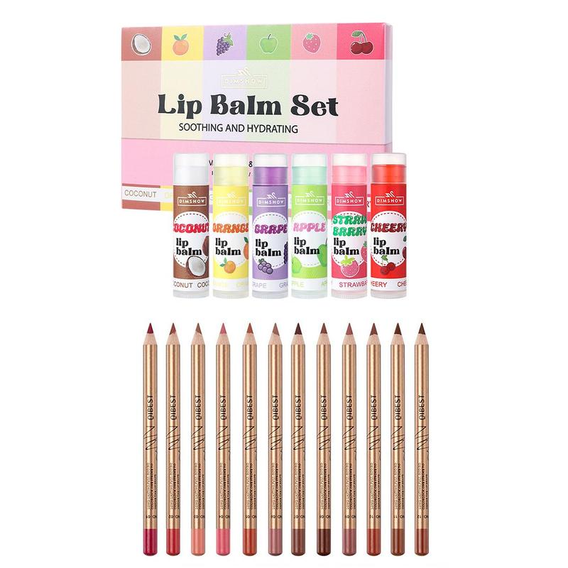 Long Lasting Lip Liner & Moisturizing Fruit Flavor Lip Balm, 12pcs Matte Lip Liner and 6 Counts Hydrating Lip Moisturizer Balm for Girls and Women