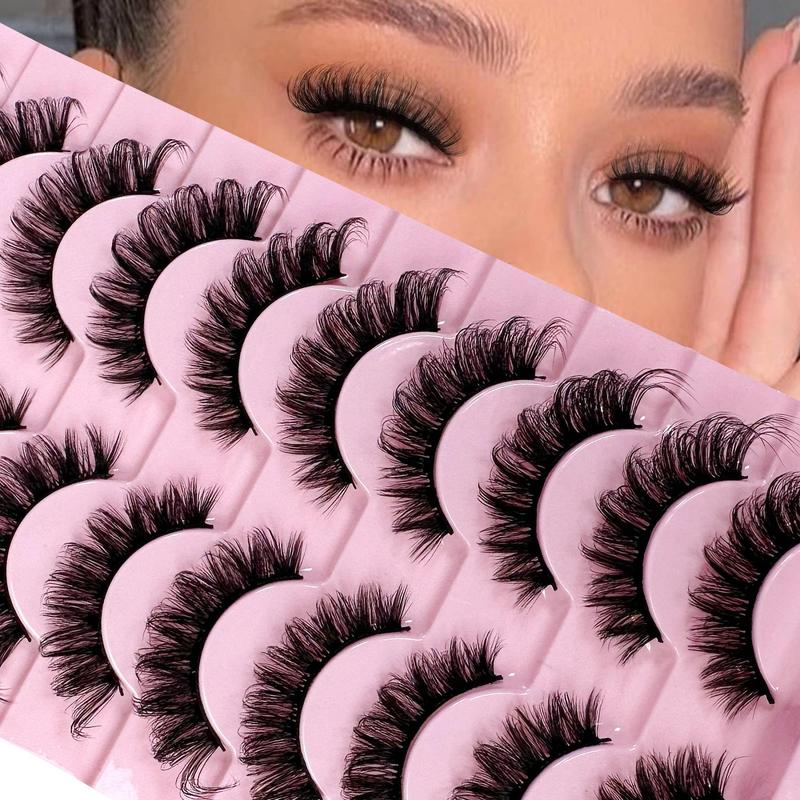 Fluffy False Eyelashes, 10 Pairs Natural Looking D Curl Faux Cluster Lashes, Volumized False Eyelashes for Women and Girls Eye Makeup Enhancement