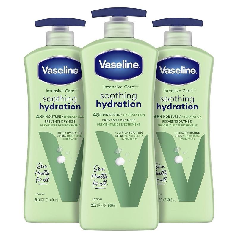 Unilever Vaseline Intensive Care Soothing Hydration Body Lotion for Dry Skin with Ultra-Hydrating Lipids and Aloe Vera Extract, 20.3 Oz, Pack of 3