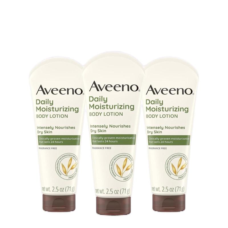 Aveeno Daily Moisturizing Body Lotion, Gentle Lotion Nourishes Dry Skin with Moisture, Soothing Prebiotic Oat, Fragrance-Free, Non-Comedogenic, Travel-Size, Pack of Three, 3 X 2.5 Fl. Oz Kenvue