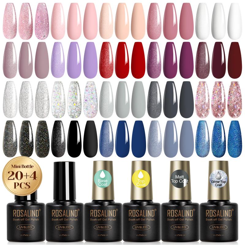 ROSALIND Gel Nail Polish Set- 20 Color Gorgeous Gel Base Coat and Glitter Glossy Matte Top Coat Gel Polish Set Gifts Show Charm for Girls