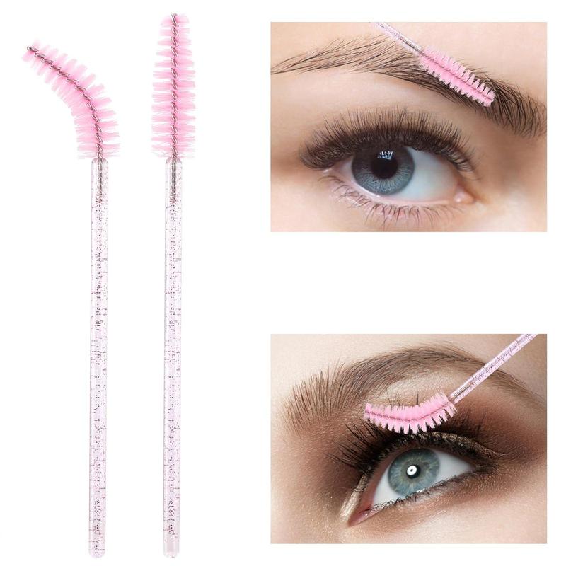 100 Pcs Disposable Mascara Wands, Crystal Eyebrow Spoolies Brush for Eyelash Extensions, Pink Lash Brushes with Container