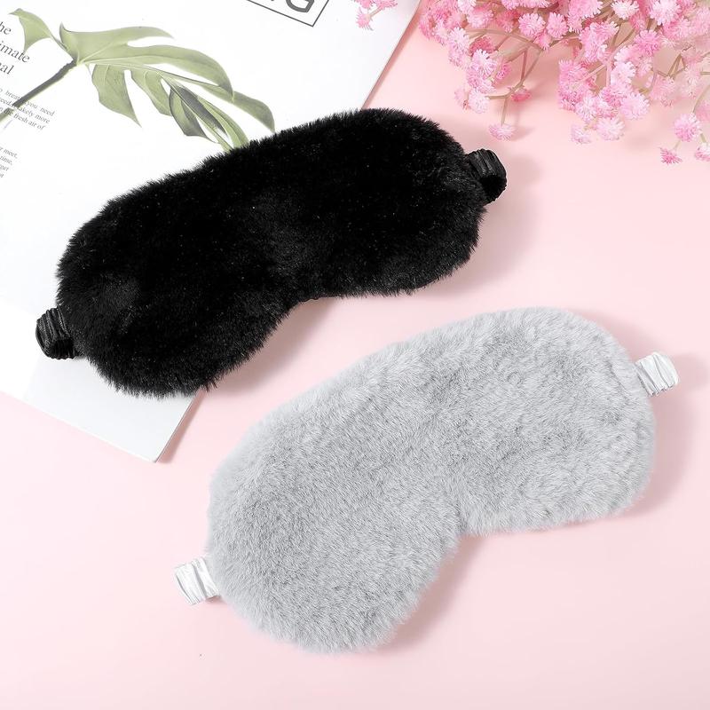 2 count Plush Eye Mask Soft Sleeping Blindfold Eye Cover Comfortable Furry Faux  Sleeping Mask Satin Nap Night Eyeshade Cover for Women Men Gift (Black, Gray) Fluffy Daily