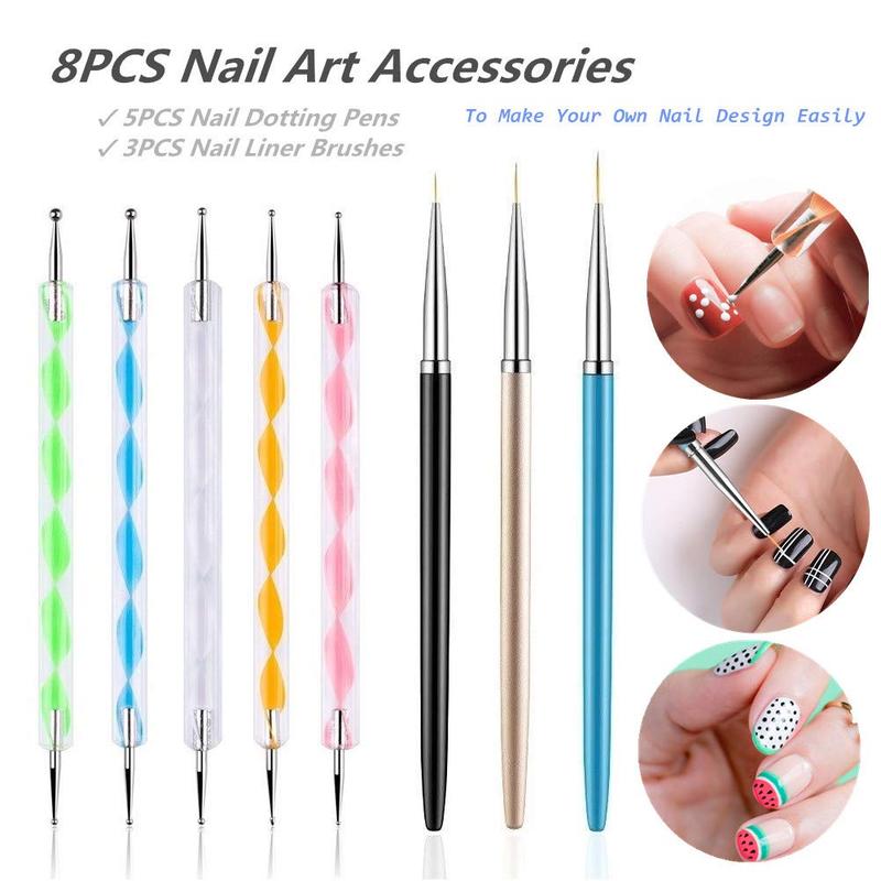 5PCS Dotting Pens with 3 PCS Nail Painting Brushes, Nail Art Kits Design Tools