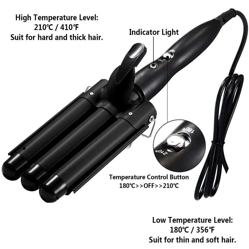 Hair Waver, 1 Inch 3 Barrel Curling Iron Wand 25mm Hair Crimper, Temperature Adjustable Heat Up Quickly Beach Wave Curling Iron Black