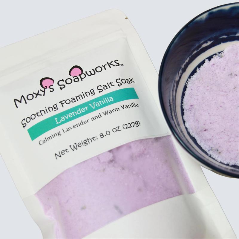 MoxysSoapworks Foaming Salt Soak with Lavender Vanilla Fragrance, Sea Salt, Colloidal Oatmeal, and Arrowroot Powder - 8oz Soothing Restore Body Care