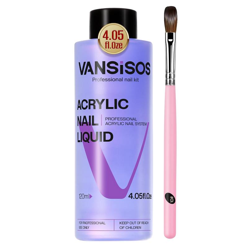 Vansisos Professional Acrylic Nail Liquid for Nail: 4fl.oz Acrylic Liquid with Nail Brush for Beginners at Home DIY Nail Salon Use Non-Yellowing MMA-Free