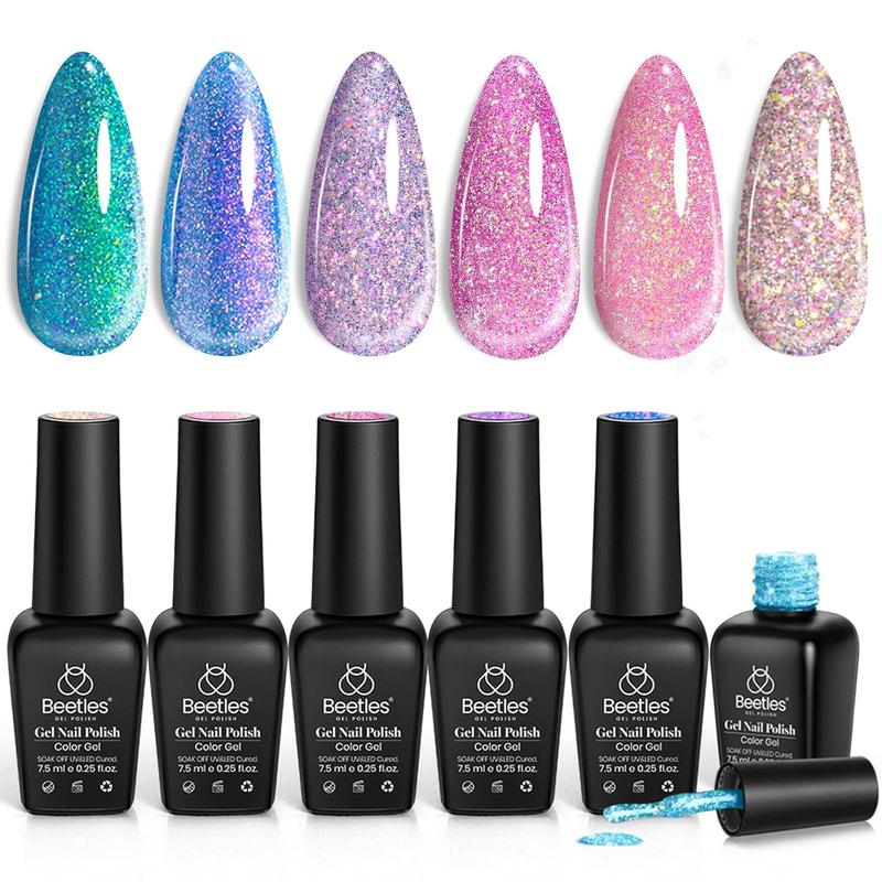 Beetles Glitter Gel Nail Polish 6 Colors Sparkle Pink Purple Blue Gel Polish Kit Chameleon Crushed Diamond Multifunction Soak off Uv Nail Gel DIY Manicure Nail Art Gift