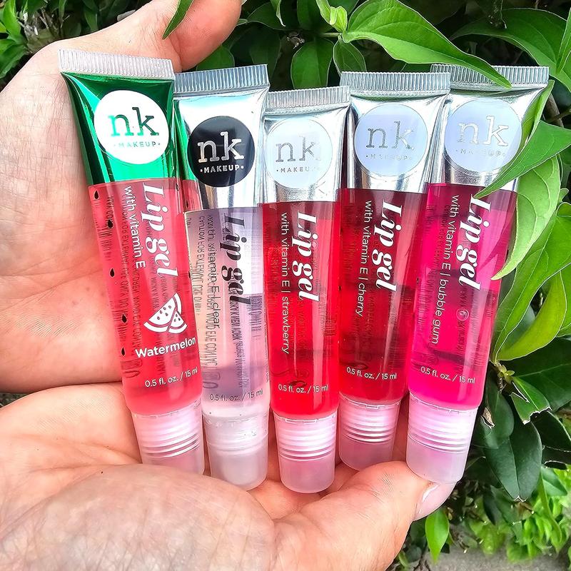 5 Pack Lip Gloss Set of Nicka K Lip Gels - Clear, Watermelon, Strawberry, Cherry, and Bubble Gum Hydrating Lip Glosses with Vitamin E