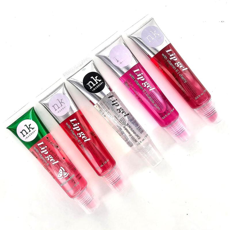 5 Pack Lip Gloss Set of Nicka K Lip Gels - Clear, Watermelon, Strawberry, Cherry, and Bubble Gum Hydrating Lip Glosses with Vitamin E