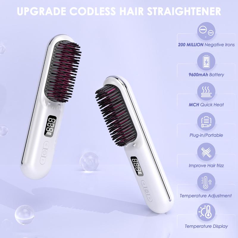 Cordless Hair Straightener Brush:Househerb Rechargeable Portable 9600mAh Mini Hair Straightening Brush for Travel, Styling Tools