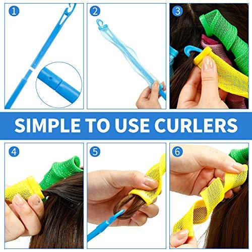 28 Counts Heatless Curlers No Heat Spiral Curls Soft Hair Curlers Styling Kit with 2 Counts Styling Hooks for Kinds of Hairstyles (Pink and Blue, 30 cm)