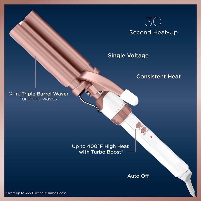 Double Ceramic 3 Barrel Curling Iron, Hair Waver, Create Beachy Waves, Long-Lasting Natural Tight Waves for all Hair Lengths, White   Rose Gold