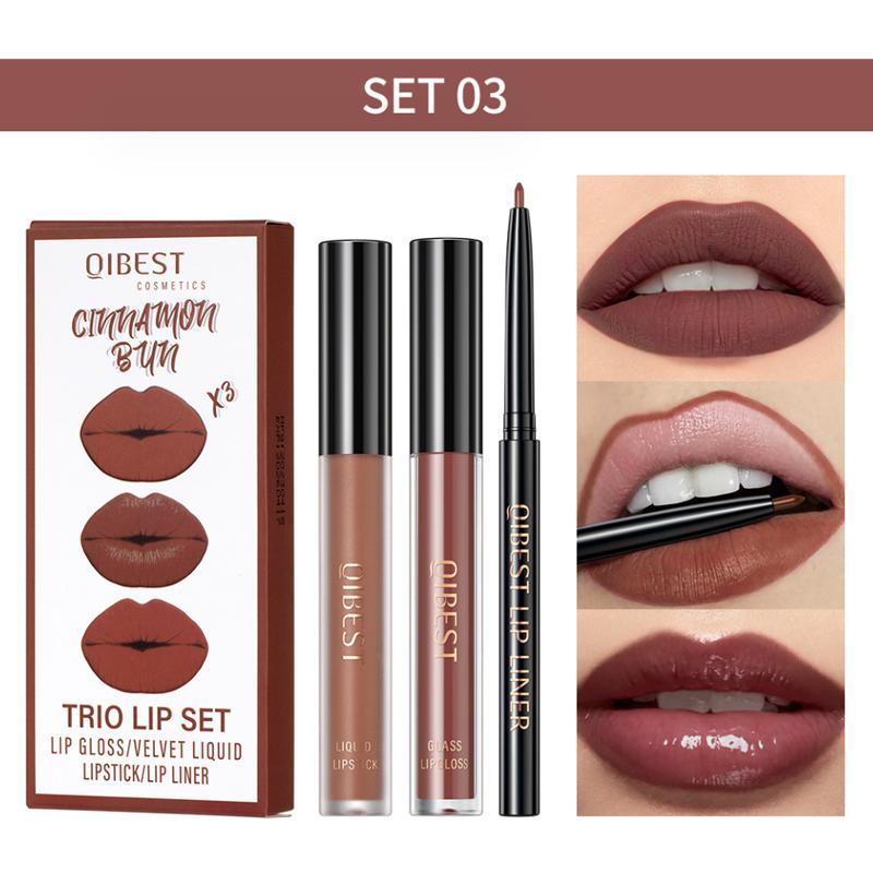 3 in 1 Matte Lip Gloss & Lip Liner Set, 3pcs box Long Lasting Easy Coloring Lip Sticks, Moisturizing Lip Kit for All Occasions Lip Makeup Girls Women