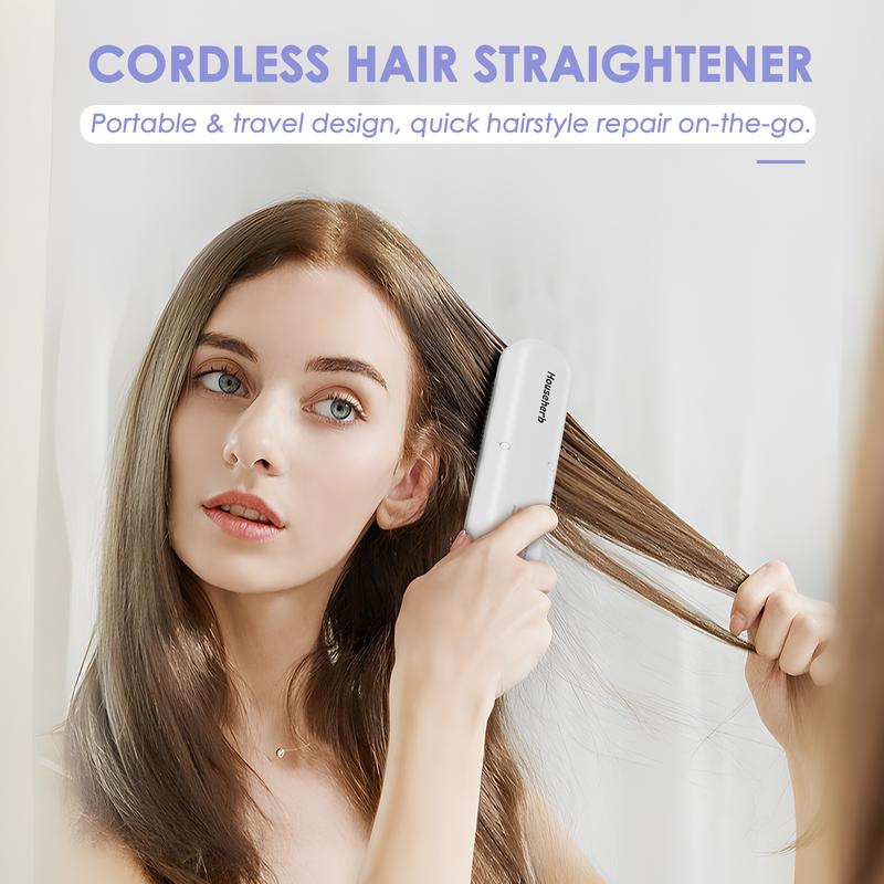 Cordless Hair Straightener Brush:Househerb Rechargeable Portable 9600mAh Mini Hair Straightening Brush for Travel, Styling Tools