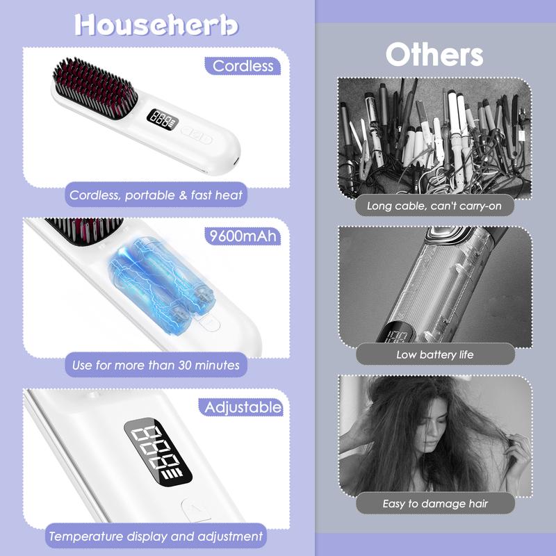 Cordless Hair Straightener Brush:Househerb Rechargeable Portable 9600mAh Mini Hair Straightening Brush for Travel, Styling Tools