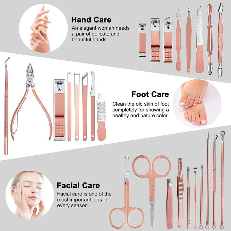 26 Pcs Manicure Set,Professional Pedicure Kit,Stainless Steel Nail Clippers for Women,Pedicure Care Tools with Pink Leather Travel Case-Rose Gold