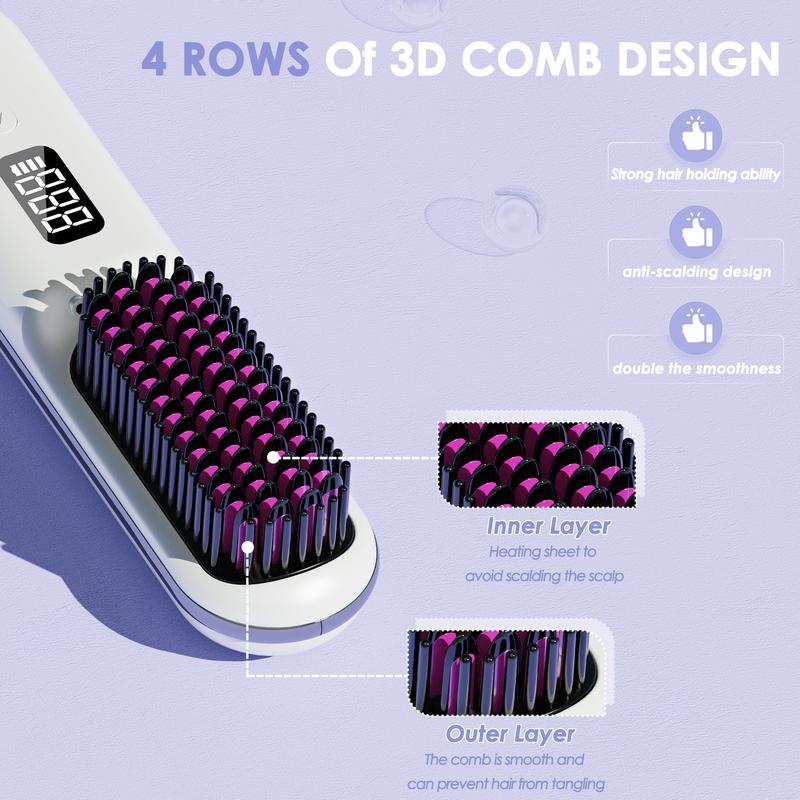 Cordless Hair Straightener Brush:Househerb Rechargeable Portable 9600mAh Mini Hair Straightening Brush for Travel, Styling Tools