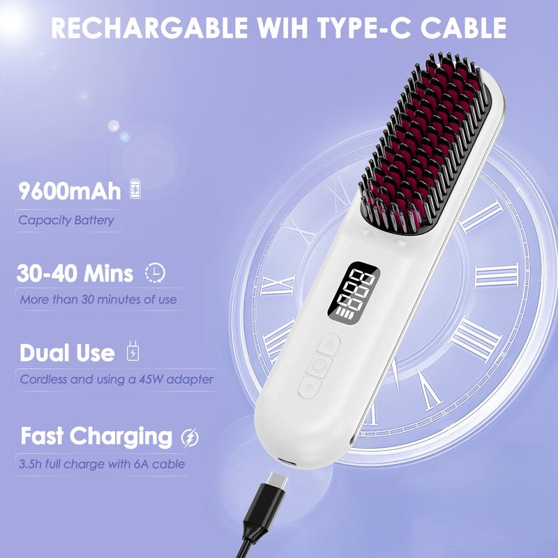 Cordless Hair Straightener Brush:Househerb Rechargeable Portable 9600mAh Mini Hair Straightening Brush for Travel, Styling Tools