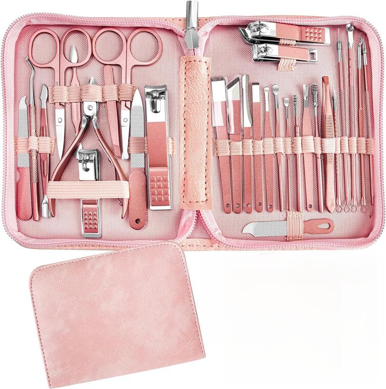 26 Pcs Manicure Set,Professional Pedicure Kit,Stainless Steel Nail Clippers for Women,Pedicure Care Tools with Pink Leather Travel Case-Rose Gold