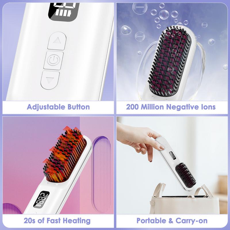 Cordless Hair Straightener Brush:Househerb Rechargeable Portable 9600mAh Mini Hair Straightening Brush for Travel, Styling Tools