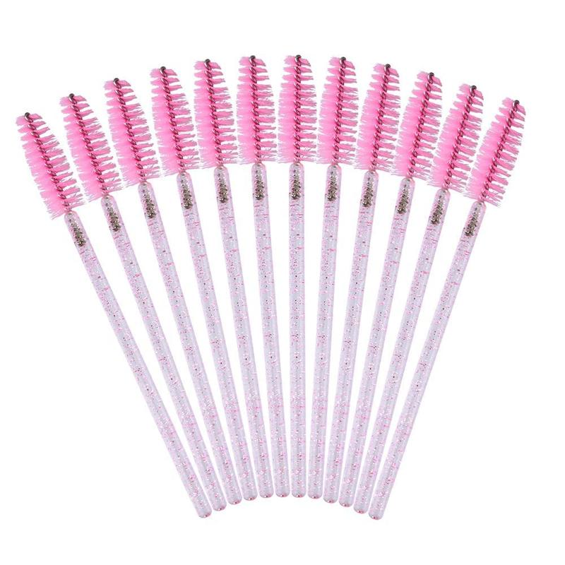 Summer Disposable Crystal Eyelash Brushes, 50pcs set Travel Eye Makeup Tools, Lash Brush, Shining Handle Eyelash Spoolie Brush（Pink）