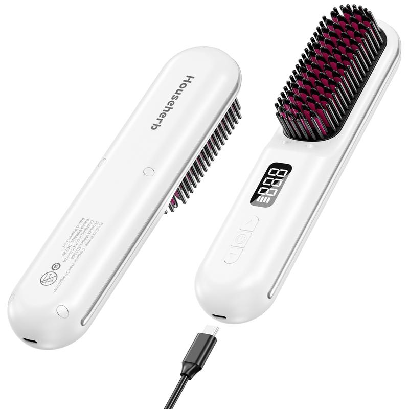 Cordless Hair Straightener Brush:Househerb Rechargeable Portable 9600mAh Mini Hair Straightening Brush for Travel, Styling Tools